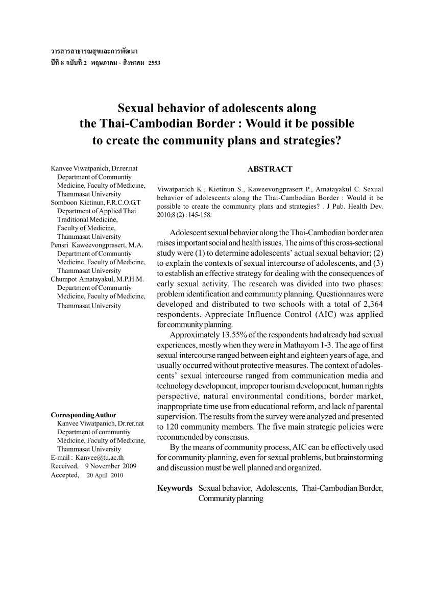 Pdf Sexual Behavior Of Adolescents Along The Thai Cambodian Border Would It Be Possible To Create The Community Plans And Strategies