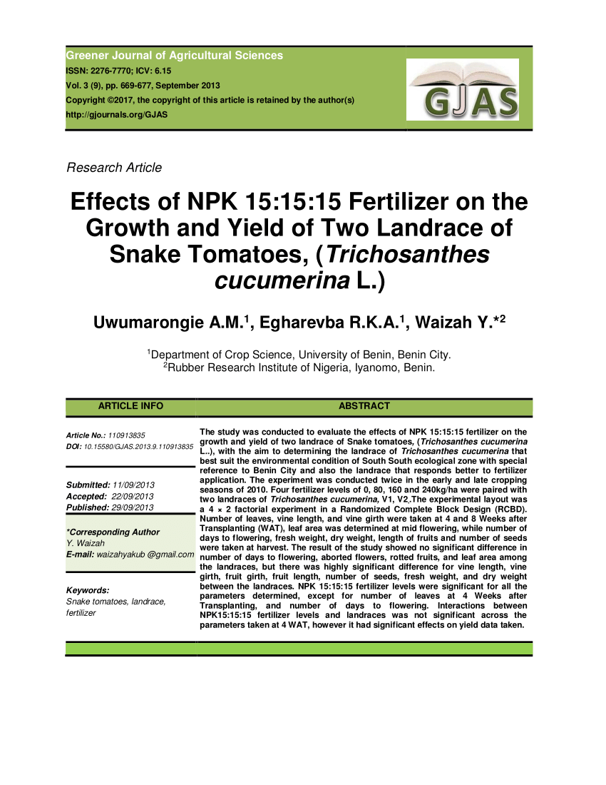 PDF) Effects of NPK 15:15:15 Fertilizer on the Growth and Yield of ...