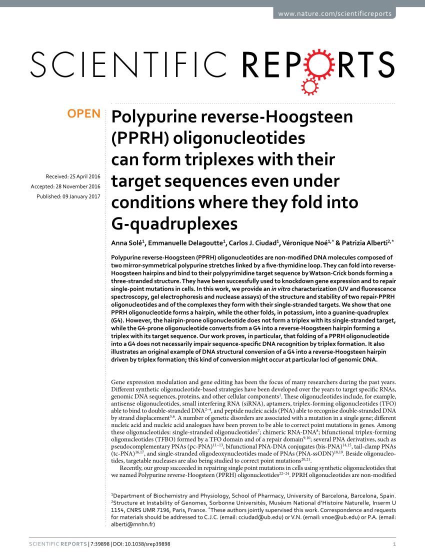 Pdf Polypurine Reverse Hoogsteen Pprh Oligonucleotides Can Form Triplexes With Their Target Sequences Even Under Conditions Where They Fold Into G Quadruplexes