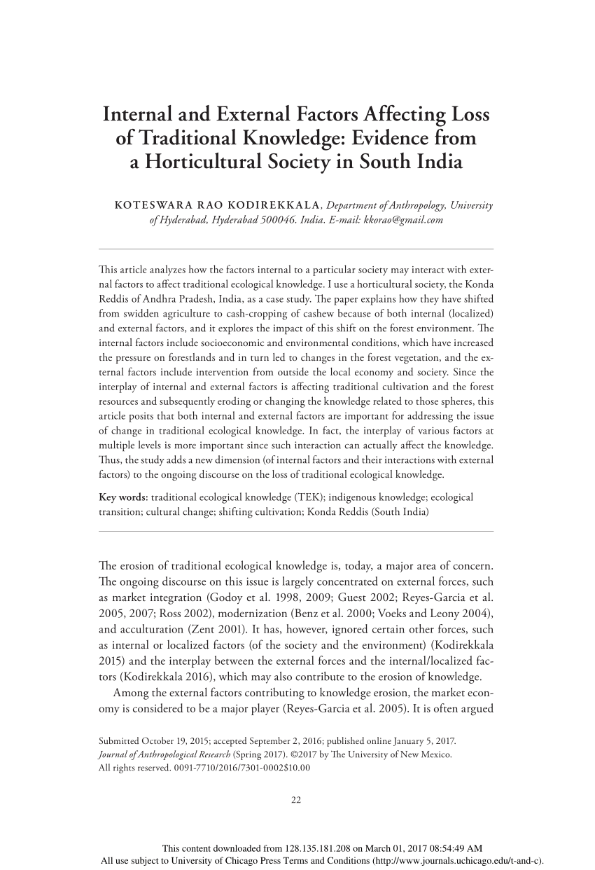 PDF) Internal and External Factors Affecting Loss of Traditional Knowledge Evidence from a Horticultural Society in South India
