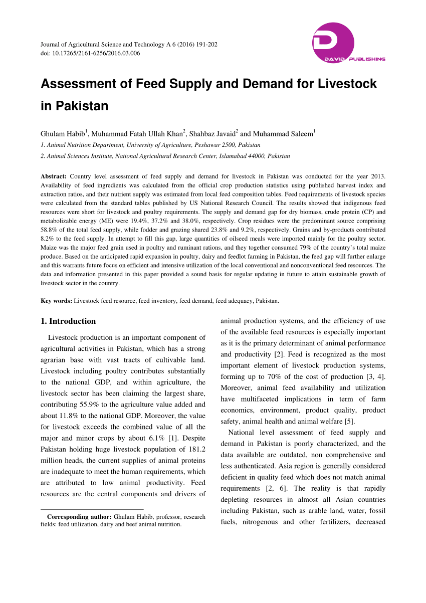 PDF) Assessment of Feed Supply and Demand for Livestock in Pakistan