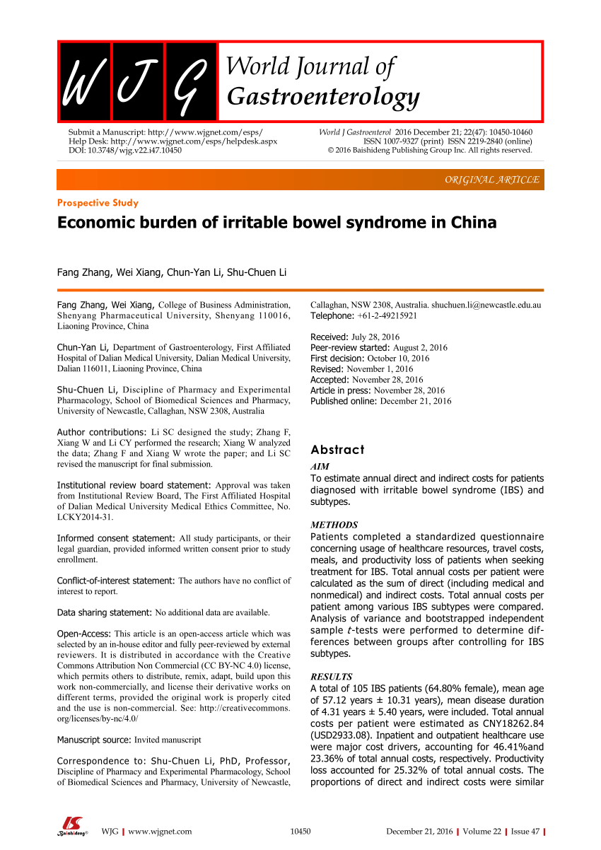 PDF Economic burden of irritable bowel syndrome in China