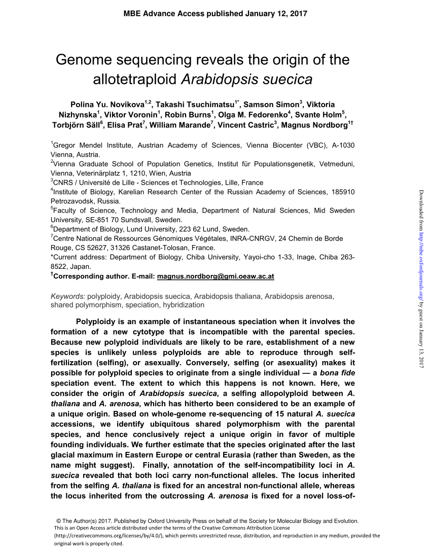 PDF) Genome reveals the origin the allotetraploid Arabidopsis suecica Advance