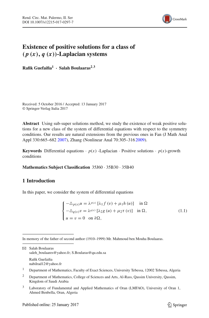 Pdf Existence Of Positive Solutions For A Class Of P X Q X Laplacian Systems