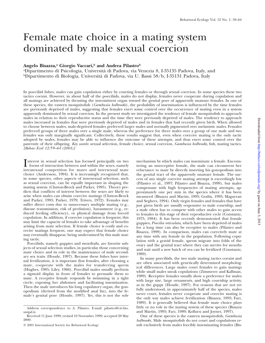 Pdf Female Mate Choice In A Mating System Dominated By Sexual Coercion 1840