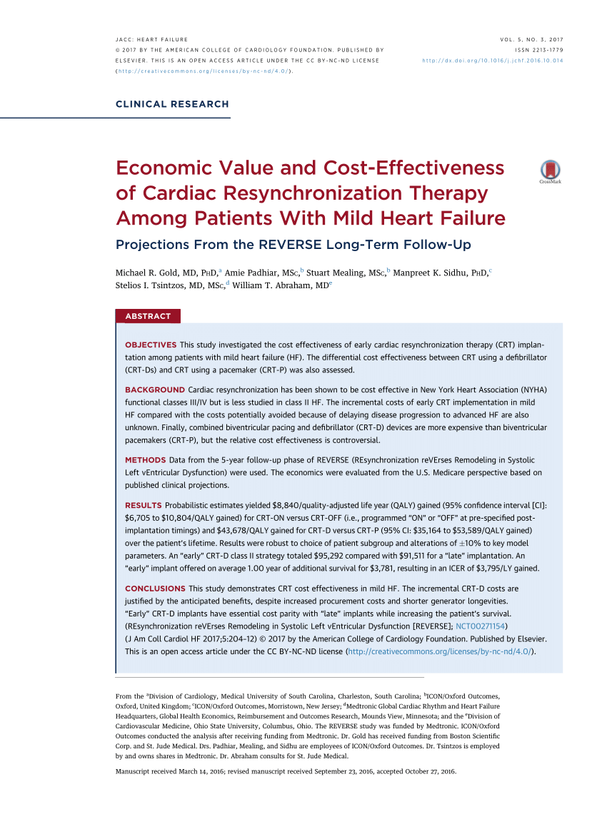 Pdf Economic Value And Cost Effectiveness Of Cardiac Resynchronization Therapy Among Patients With Mild Heart Failure