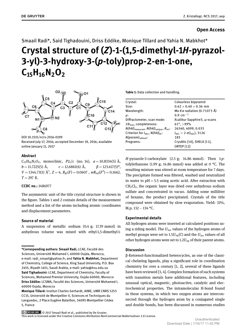 Pdf Crystal Structure Of Z 1 1 5 Dimethyl 1h Pyrazol 3 Yl 3 Hydroxy 3 P Toly Prop 2 En 1 One C15h16n2o2