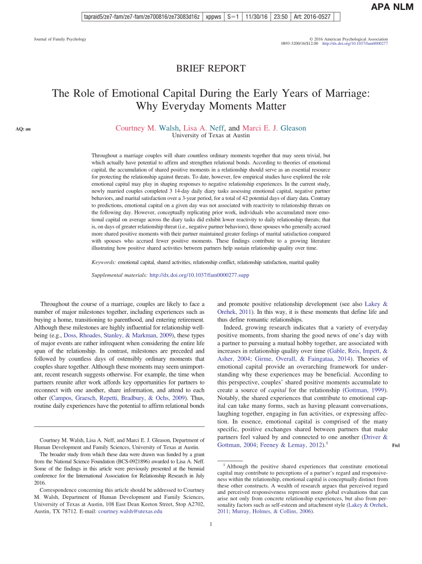 Pdf The Role Of Emotional Capital During The Early Years Of Marriage Why Everyday Moments Matter