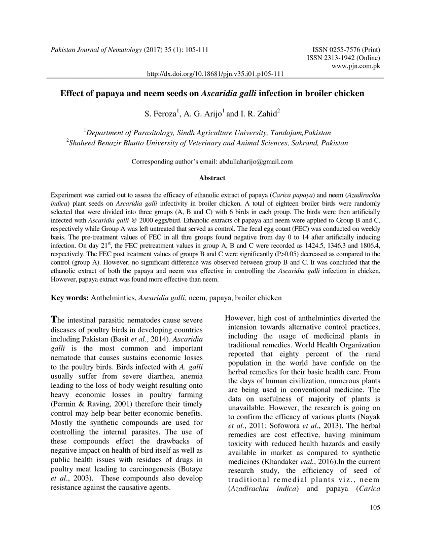 Pdf Effect Of Papaya And Neem Seeds On Ascaridia Galli - 