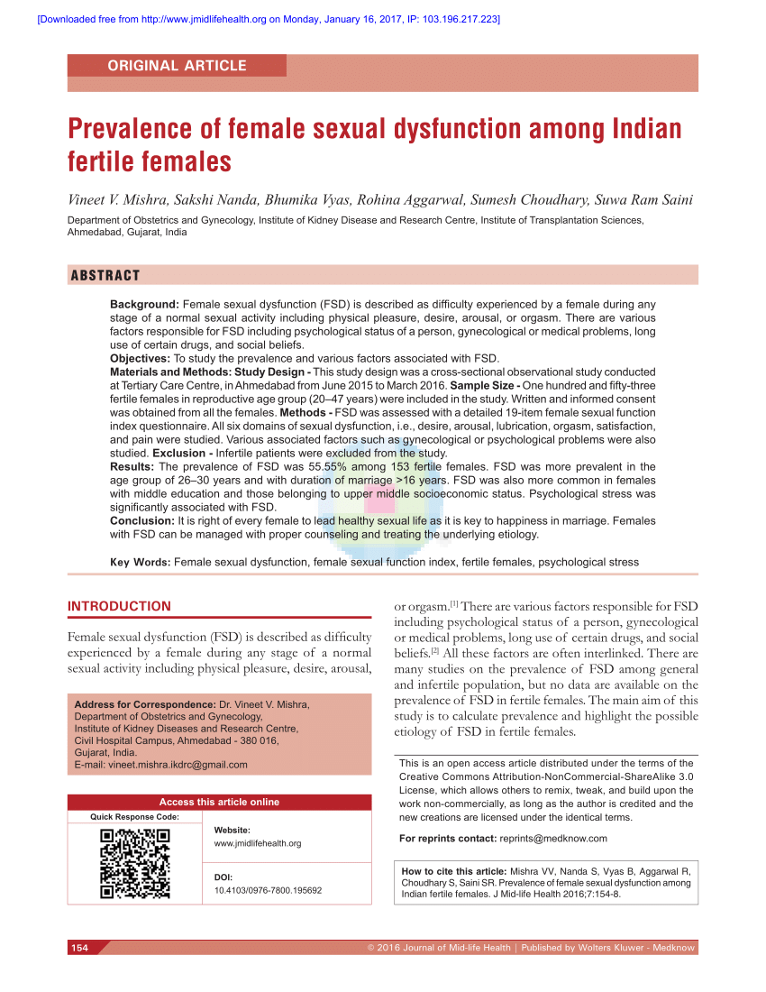 PDF Prevalence of female sexual dysfunction among Indian fertile