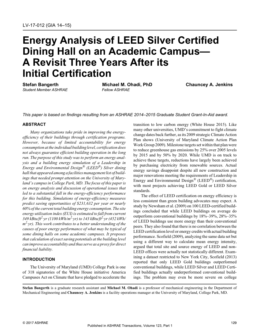 (PDF) Energy Analysis of LEED Silver Certified Dining Hall on an