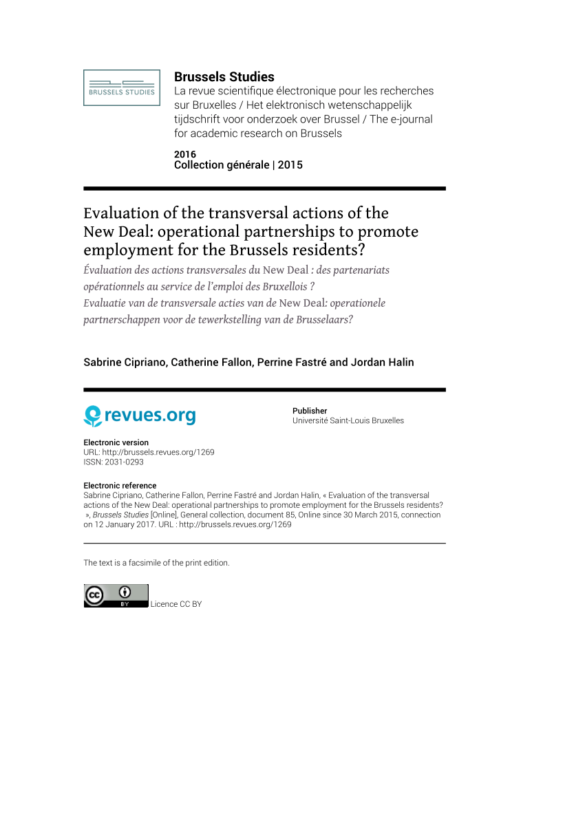 Pdf Evaluation Of The Transversal Actions Of The New Deal Operational Partnerships To Promote Employment For The Brussels Residents