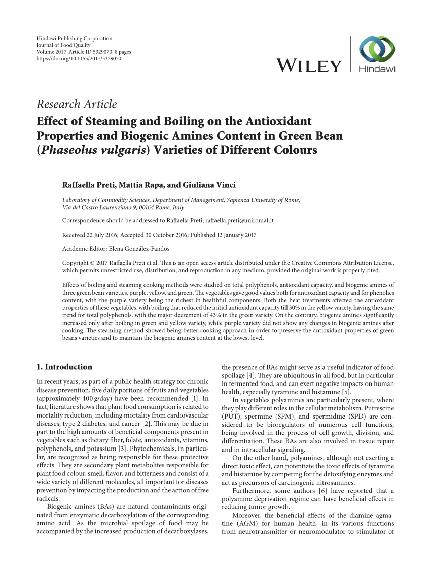 Pdf Effect Of Steaming And Boiling On The Antioxidant Properties