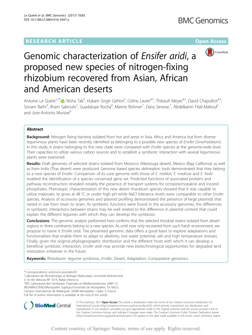 Pdf Genomic Characterization Of Ensifer Aridi A Proposed New Species Of Nitrogen Fixing Rhizobium Recovered From Asian African And American Deserts