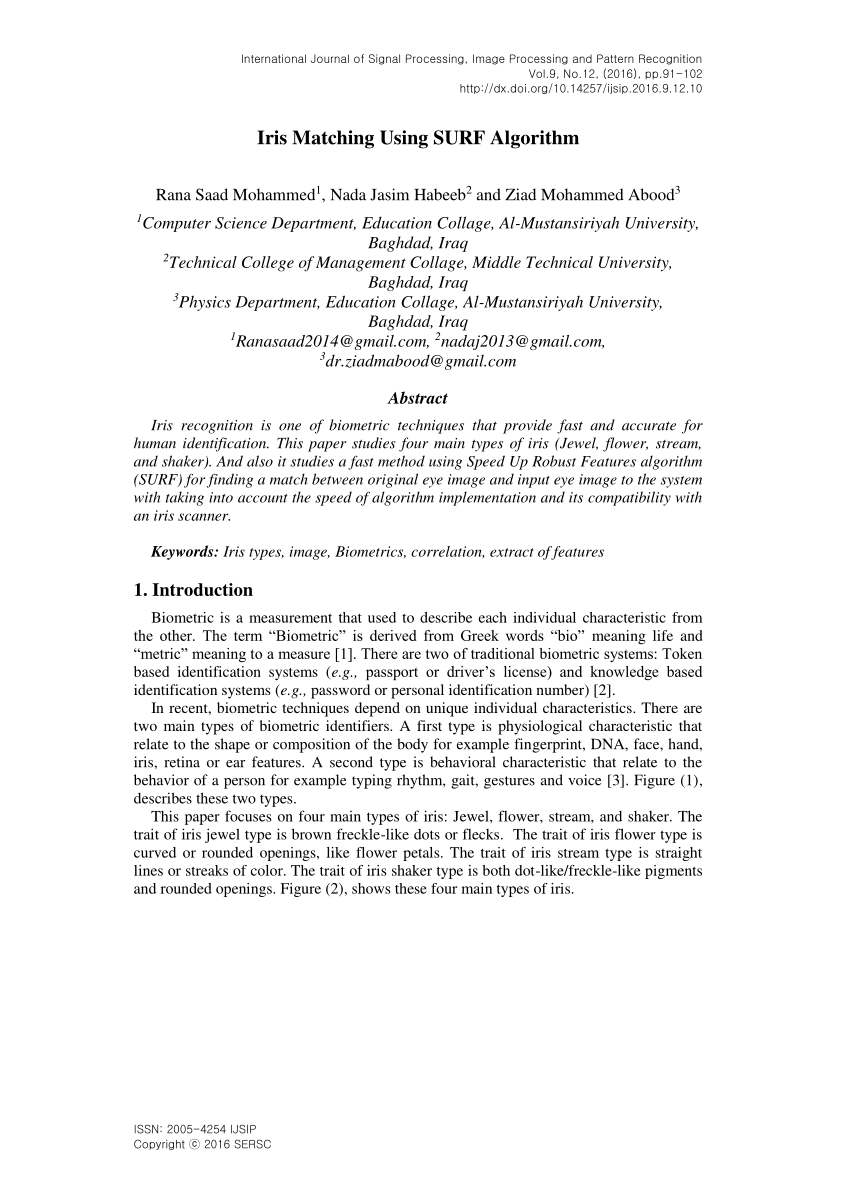 (PDF) Iris matching using SURF algorithm