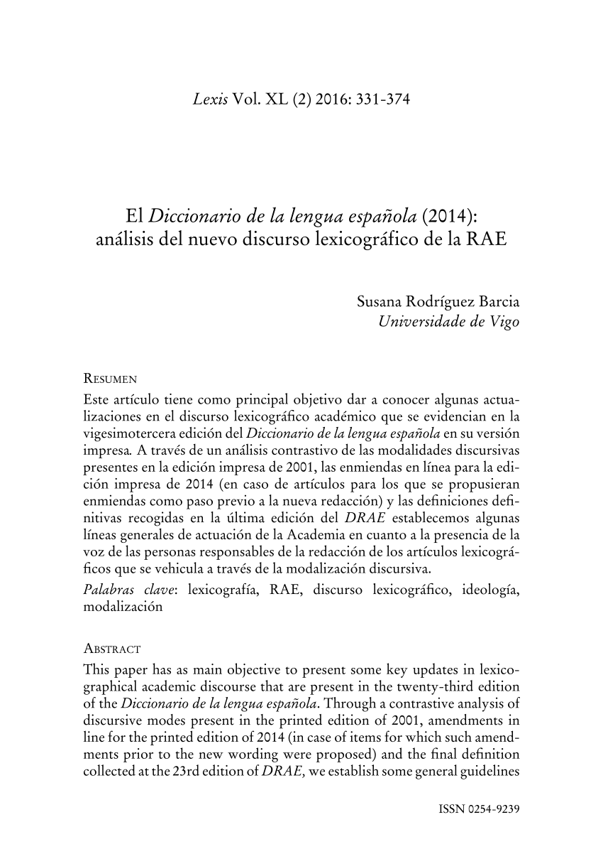 Mamut Alianza tornillo PDF) El Diccionario de la lengua española (2014): análisis del nuevo  discurso lexicográfico de la RAE