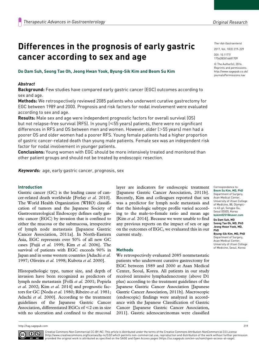 Pdf Differences In The Prognosis Of Early Gastric Cancer According To Sex And Age 5426