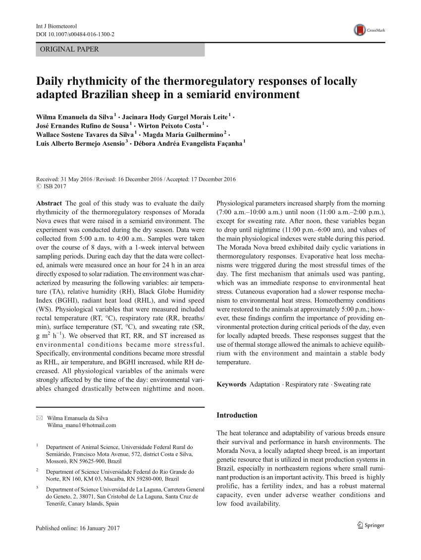 Pdf Daily Rhythmicity Of The Thermoregulatory Responses Of Locally Adapted Brazilian Sheep In A Semiarid Environment