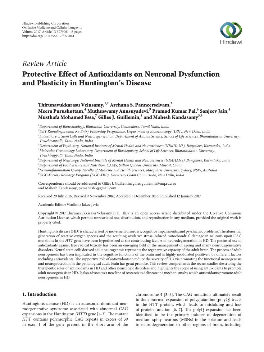 Pdf Protective Effect Of Antioxidants On Neuronal Dysfunction And Plasticity In Huntington S Disease