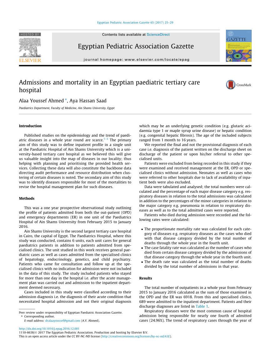 PDF Admissions and mortality in an Egyptian paediatric tertiary  