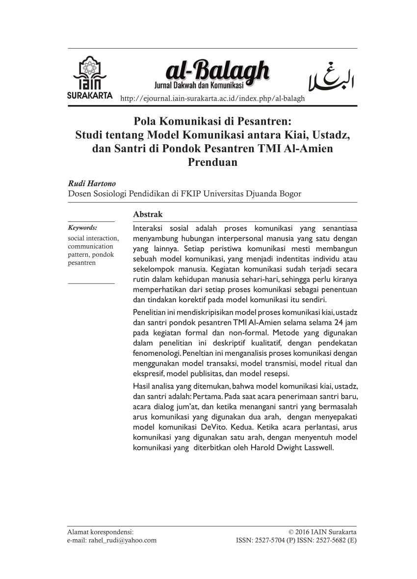 PDF Pola Komunikasi Di Pesantren Studi Tentang Model Komunikasi