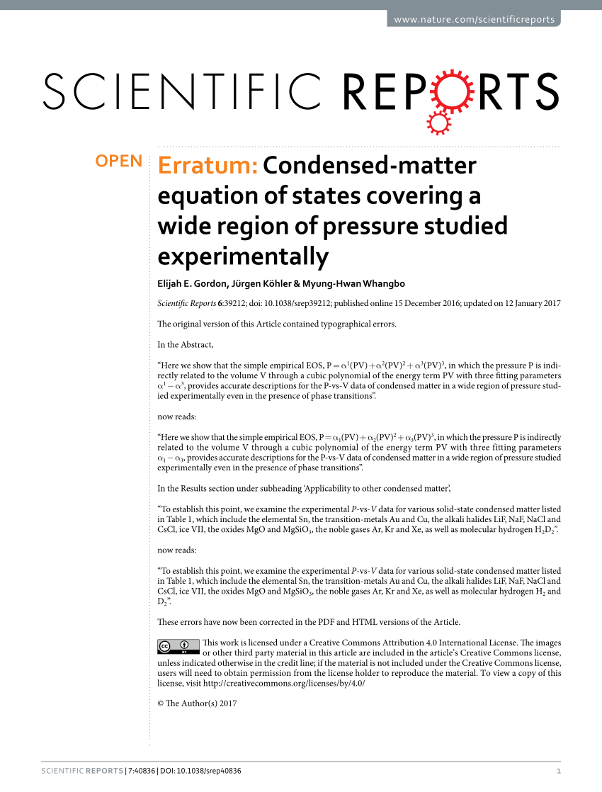 Pdf Erratum Condensed Matter Equation Of States Covering A Wide Region Of Pressure Studied Experimentally