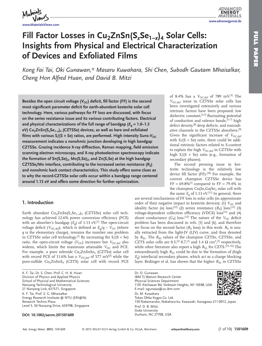 Pdf Fill Factor Losses In Cu2znsn Sxse1 X 4 Solar Cells Insights From Physical And Electrical Characterization Of Devices And Exfoliated Films