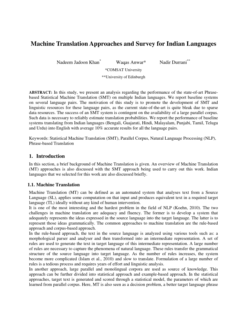 Pdf Machine Translation Approaches And Survey For Indian Languages - pdf machine translation approaches and survey for indian languages