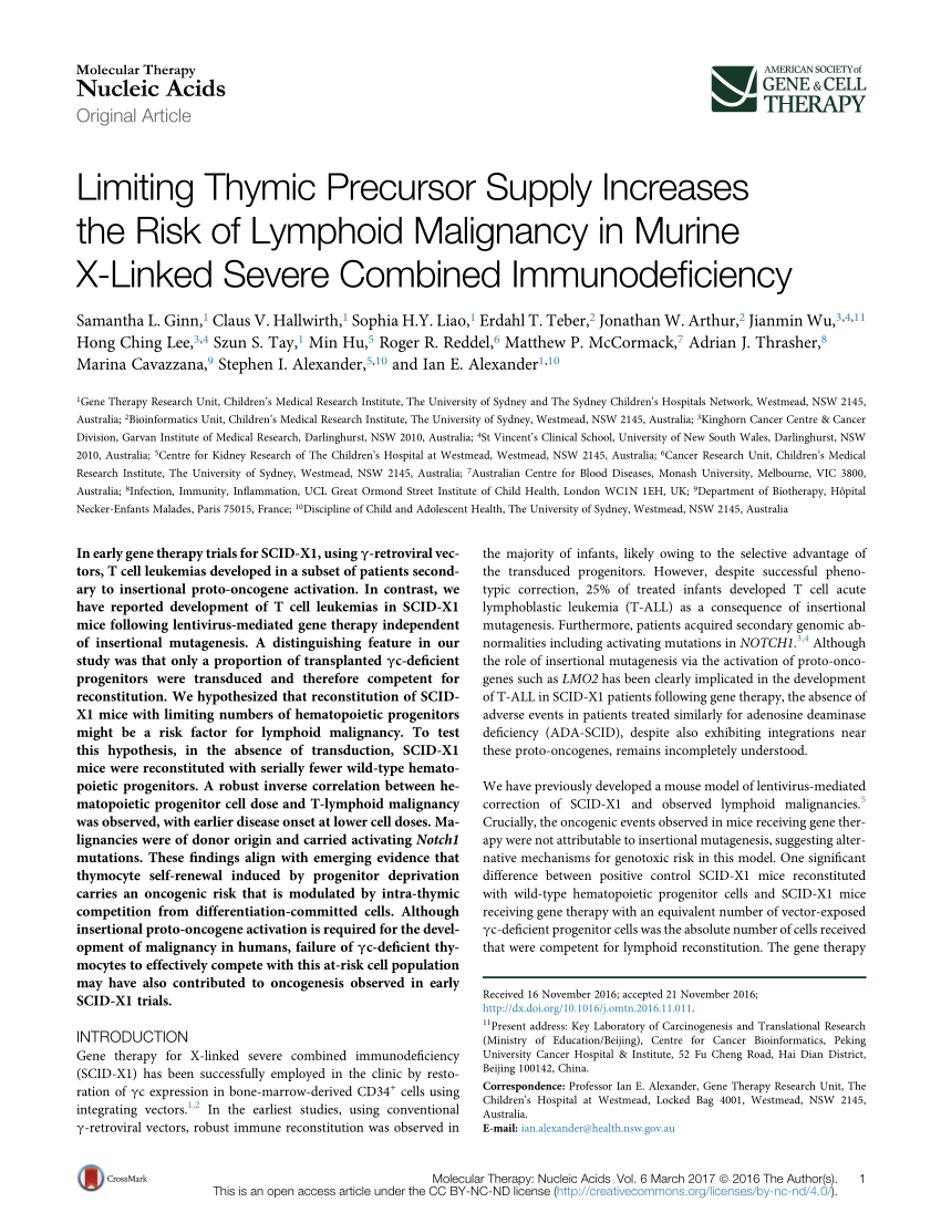 Pdf Limiting Thymic Precursor Supply Increases The Risk Of Lymphoid Malignancy In Murine X Linked Severe Combined Immunodeficiency