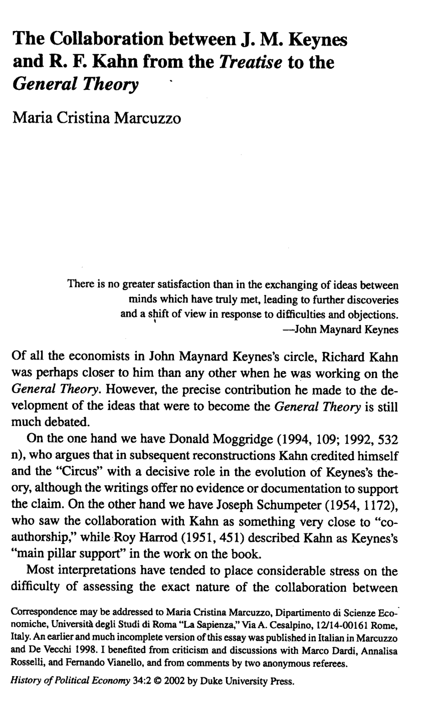Pdf The Collaboration Between J M Keynes And R F Kahn From The Treatise To The General Theory
