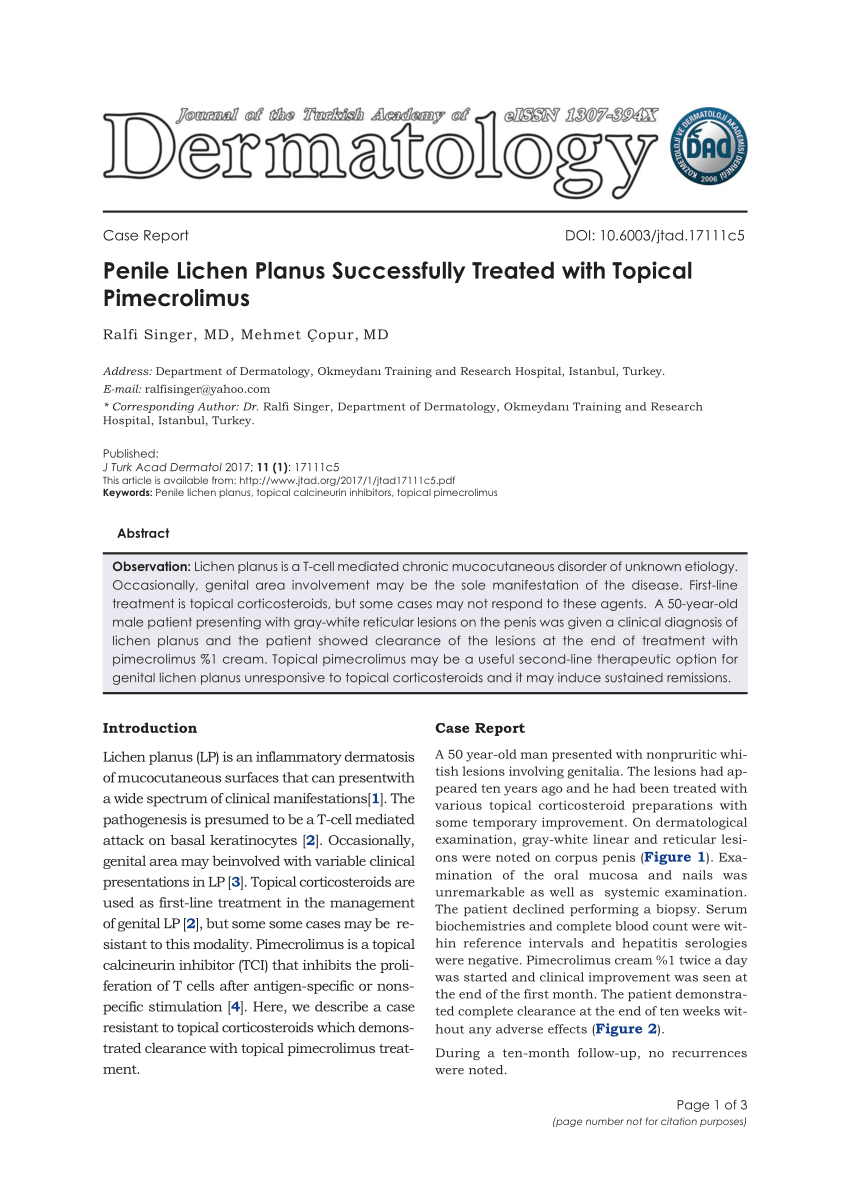 Pdf Penile Lichen Planus Successfully Treated With Topical Pimecrolimus