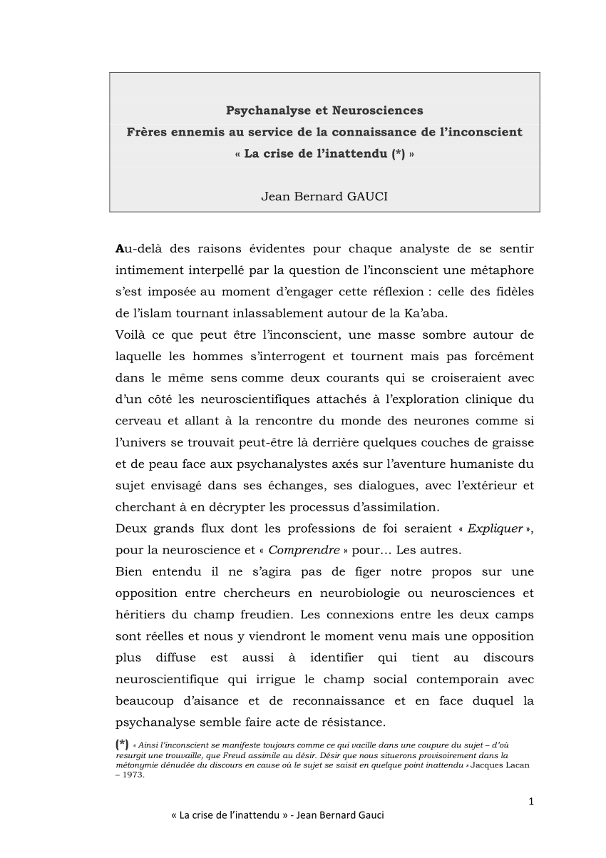 Pdf Psychanalyse Et Neurosciences Freres Ennemis Au Service De La Connaissance De L Inconscient La Crise De L Inattendu