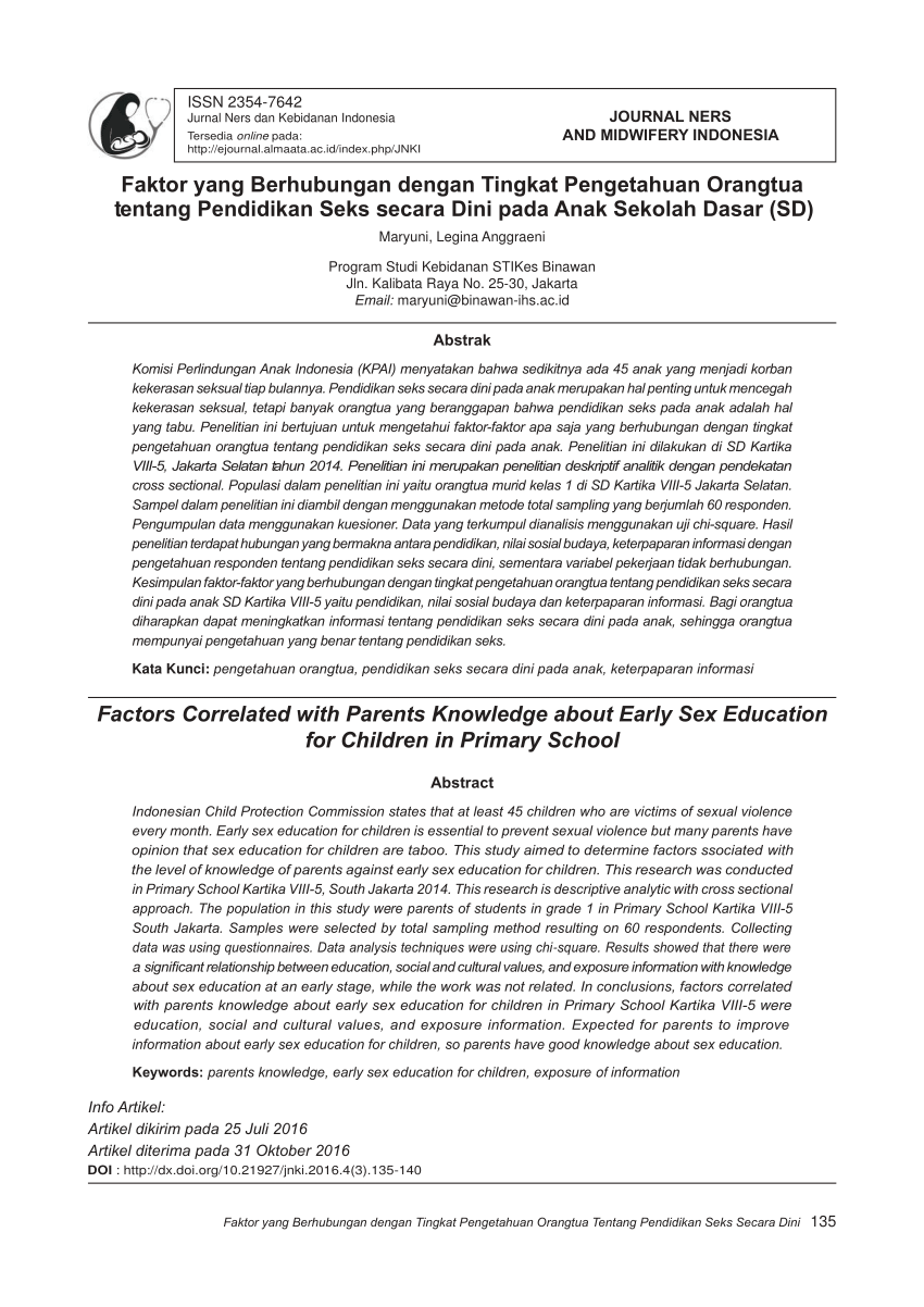 PDF) Faktor yang Berhubungan dengan Tingkat Pengetahuan Orang Tua Tentang  Pendidikan Seks Secara Dini pada Anak Sekolah Dasar (SD)