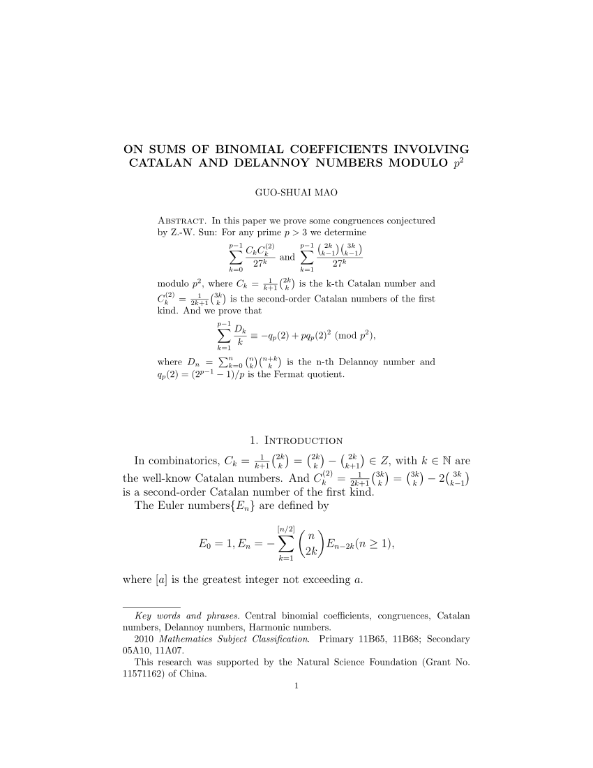Pdf On Sums Of Binomial Coefficients Involving Catalan And Delannoy Numbers Modulo P 2 P 2