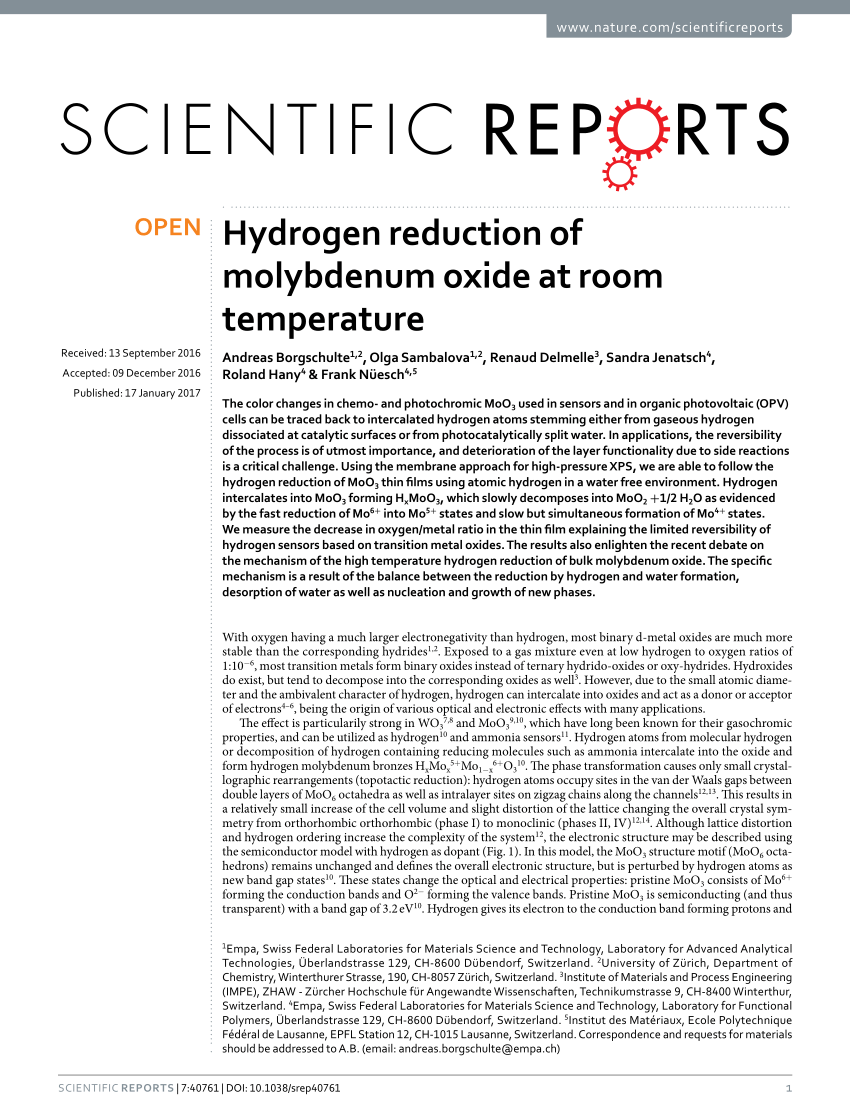 Pdf Hydrogen Reduction Of Molybdenum Oxide At Room Temperature