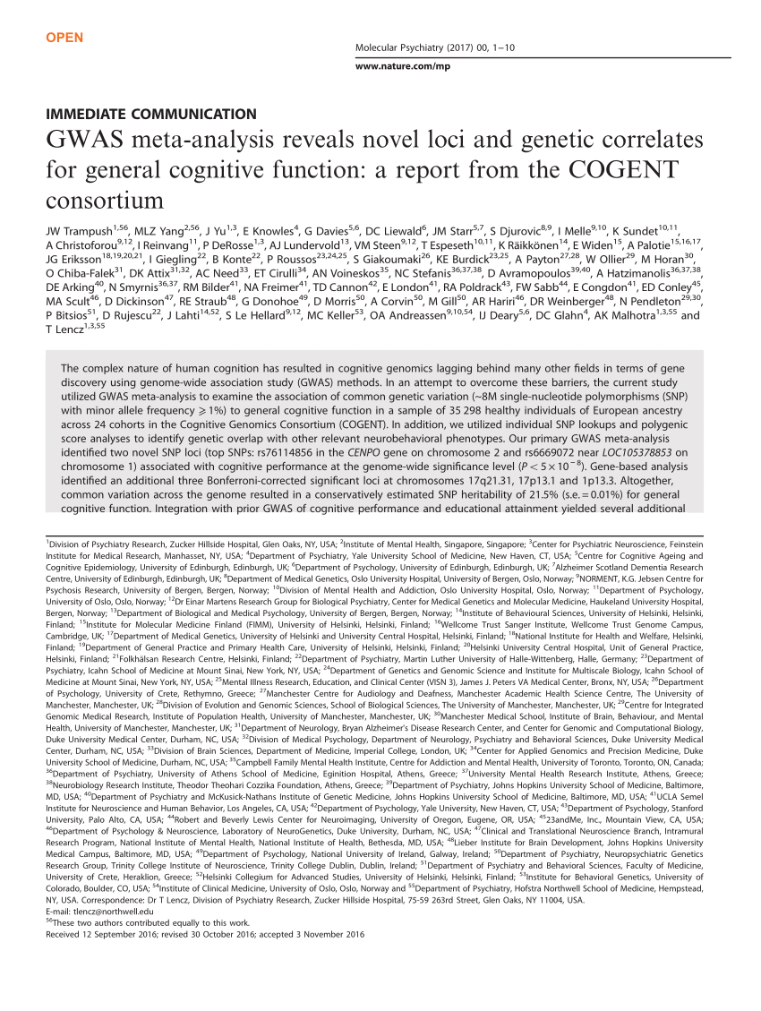 Pdf Gwas Meta Analysis Reveals Novel Loci And Genetic Correlates For General Cognitive 4689