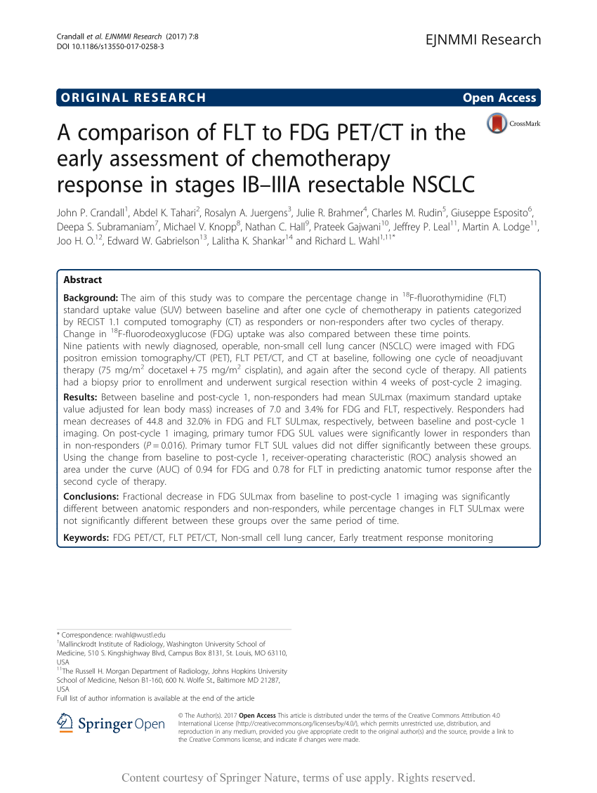 Pdf A Comparison Of Flt To Fdg Pet Ct In The Early Assessment Of Chemotherapy Response In Stages Ib Iiia Resectable Nsclc