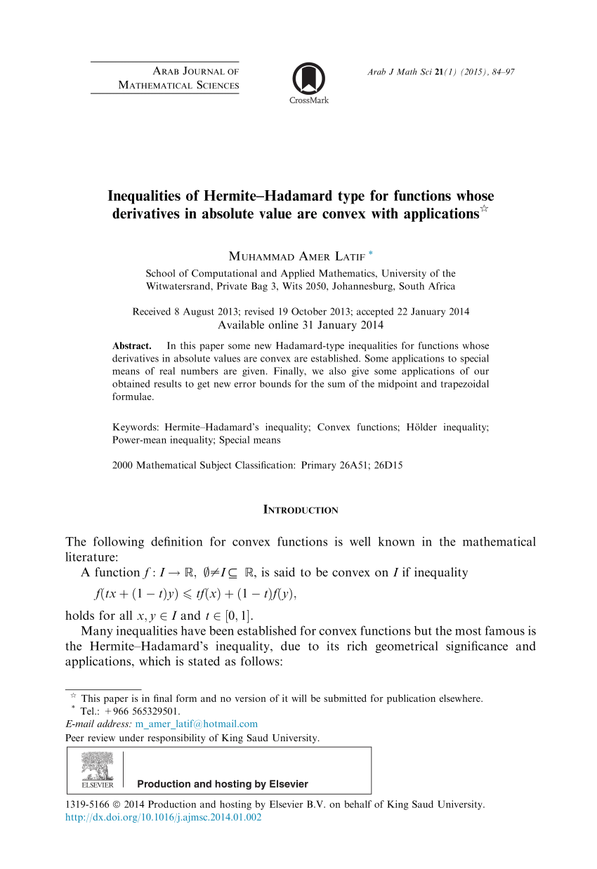 Pdf New Inequalities Of Hermite Hadamard Type For Functions Whose Derivatives In Absolute Value Are Quasi Convex With Applications