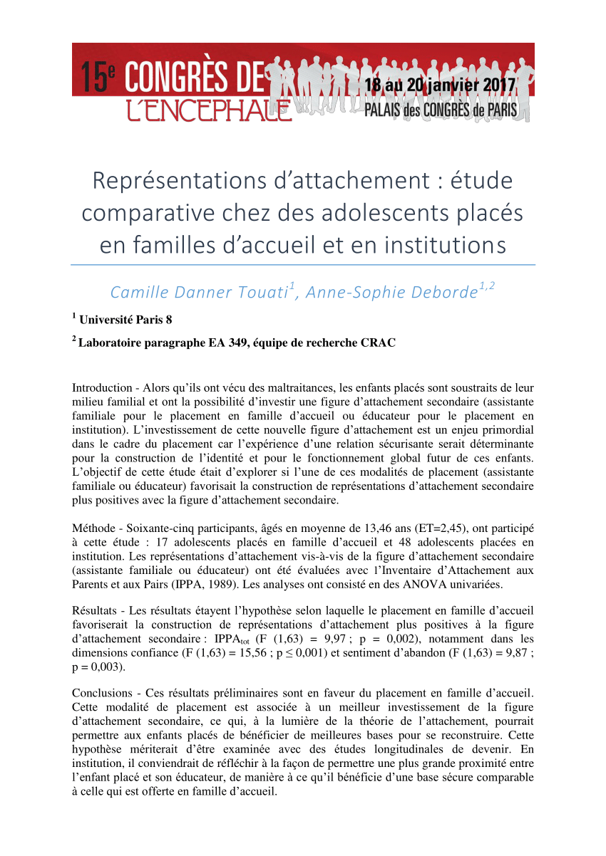 Pdf Representations D Attachement Etude Comparative Chez Des Adolescents Places En Familles D Accueil Et En Institutions