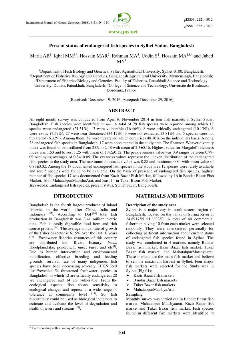 (PDF) Present status of endangered fish species in Sylhet Sadar, Bangladesh