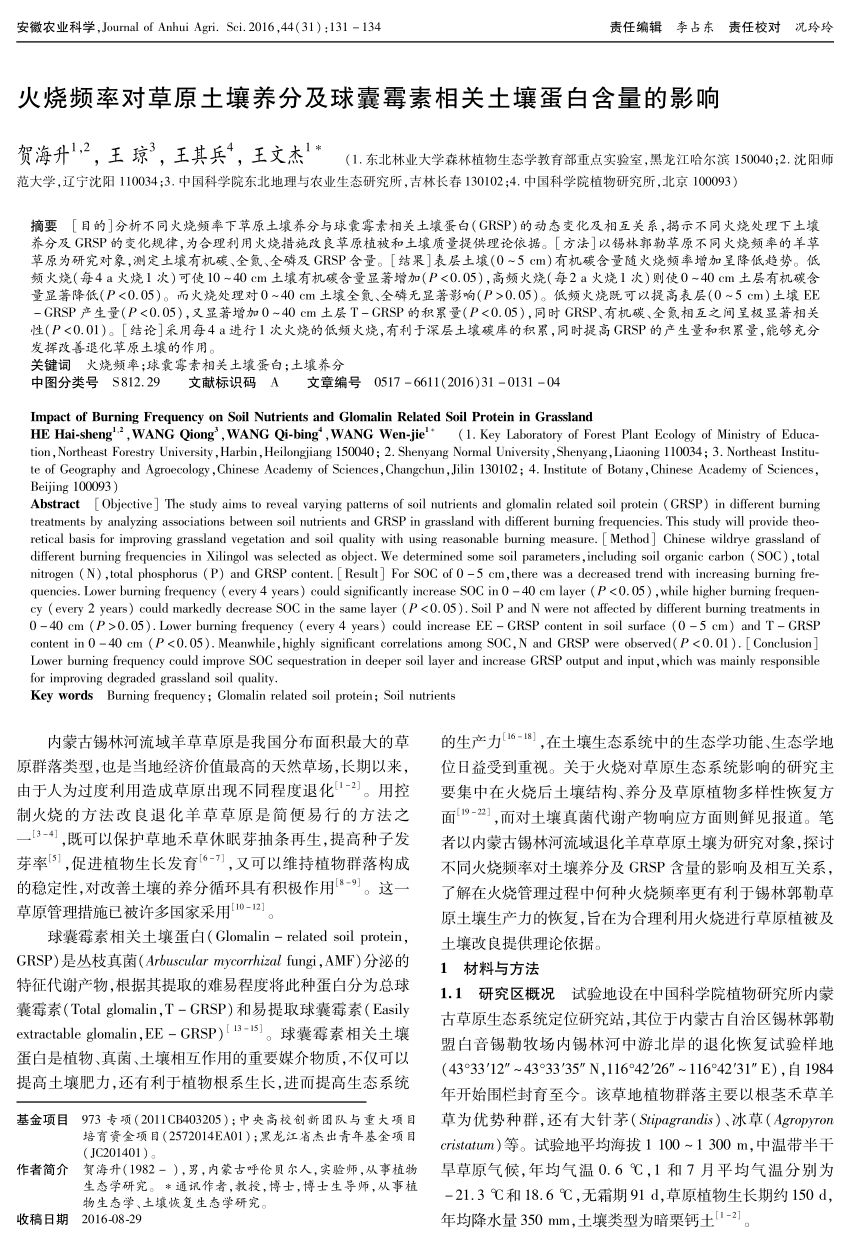 Pdf Impact Of Burning Frequency On Soil Nutrients And Glomalin Related Soil Protein In Grassland Inner Mongolia Of China