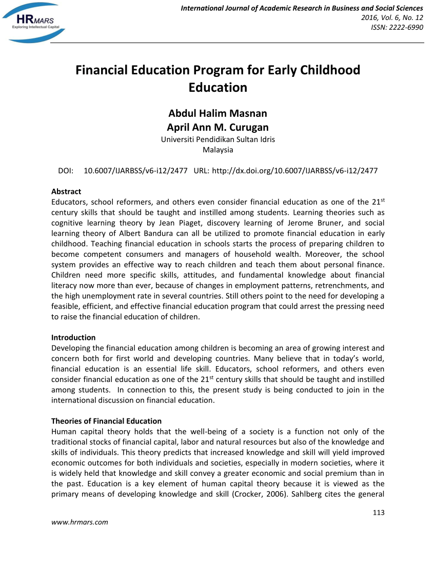 Pdf Financial Education Program For Early Childhood Education