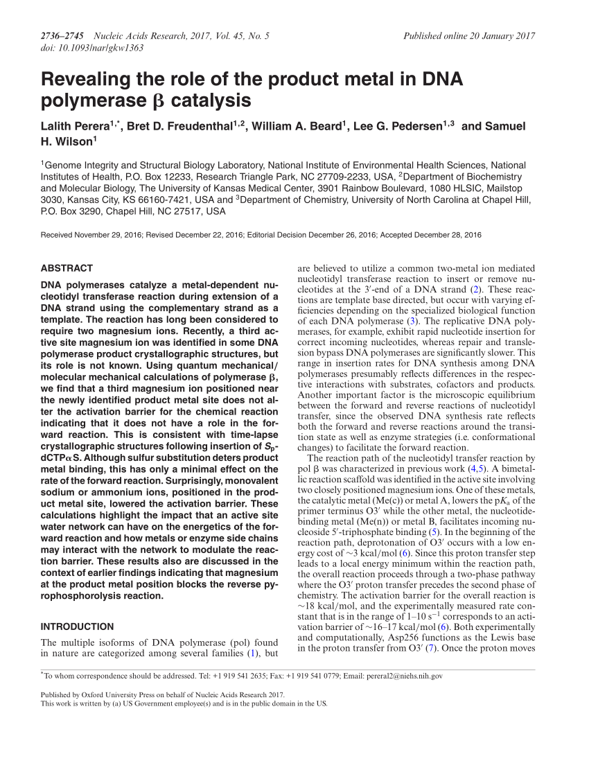 Pdf Revealing The Role Of The Product Metal In Dna Polymerase B Catalysis