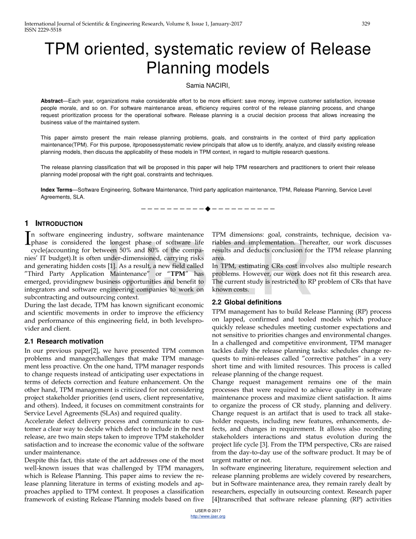 Pdf Tpm Oriented Systematic Review Of Release Planning Models 2995