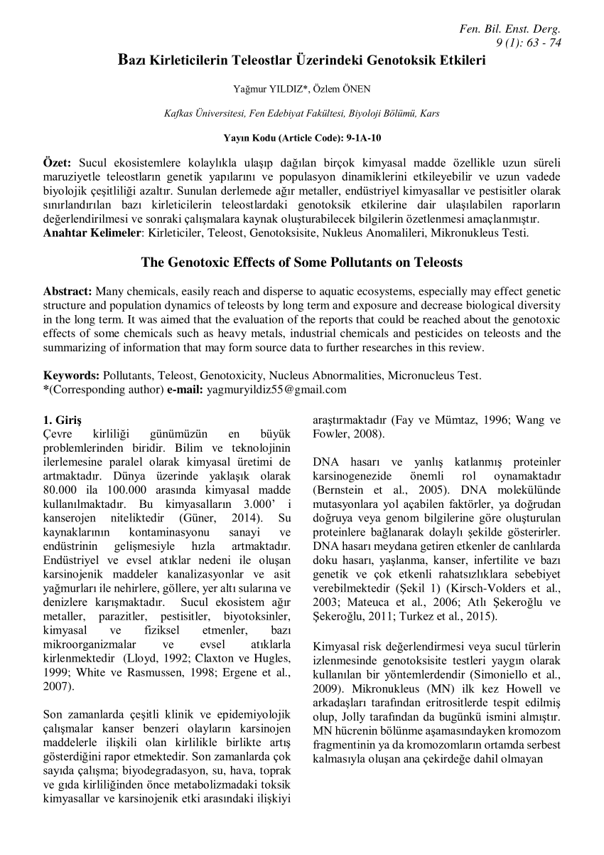 Pdf Bazi Kirleticilerin Teleostlar Uzerindeki Genotoksik Etkileri The Genotoxic Effects Of Some Pollutants On Teleosts