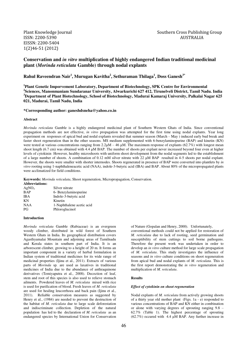 Pdf Conservation And In Vitro Multiplication Of Highly Endangered