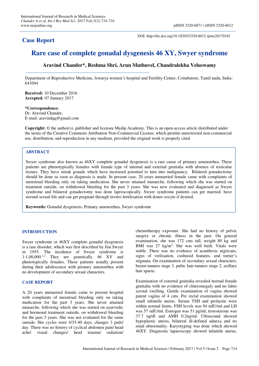 Pdf Rare Case Of Complete Gonadal Dysgenesis 46 Xy Swyer Syndrome 4546