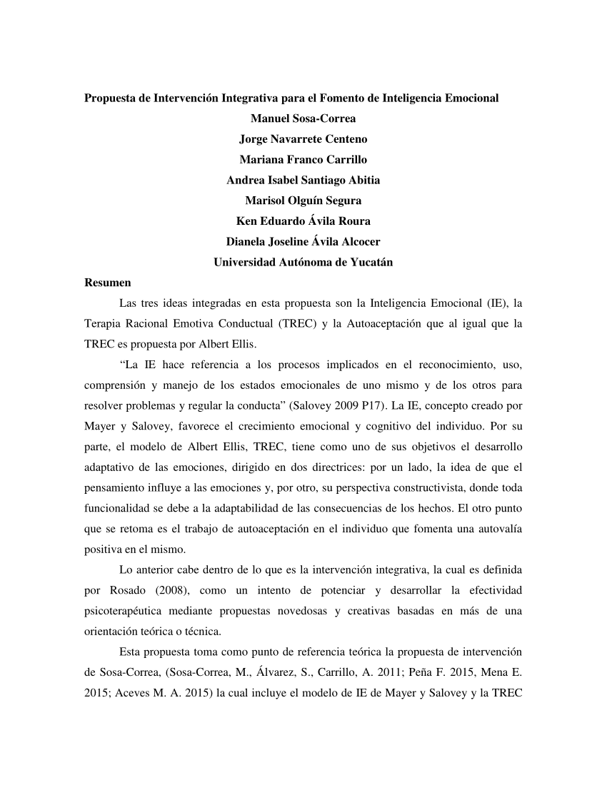 Pdf Propuesta De Intervencion Integrativa Para El Fomento De Inteligencia Emocional