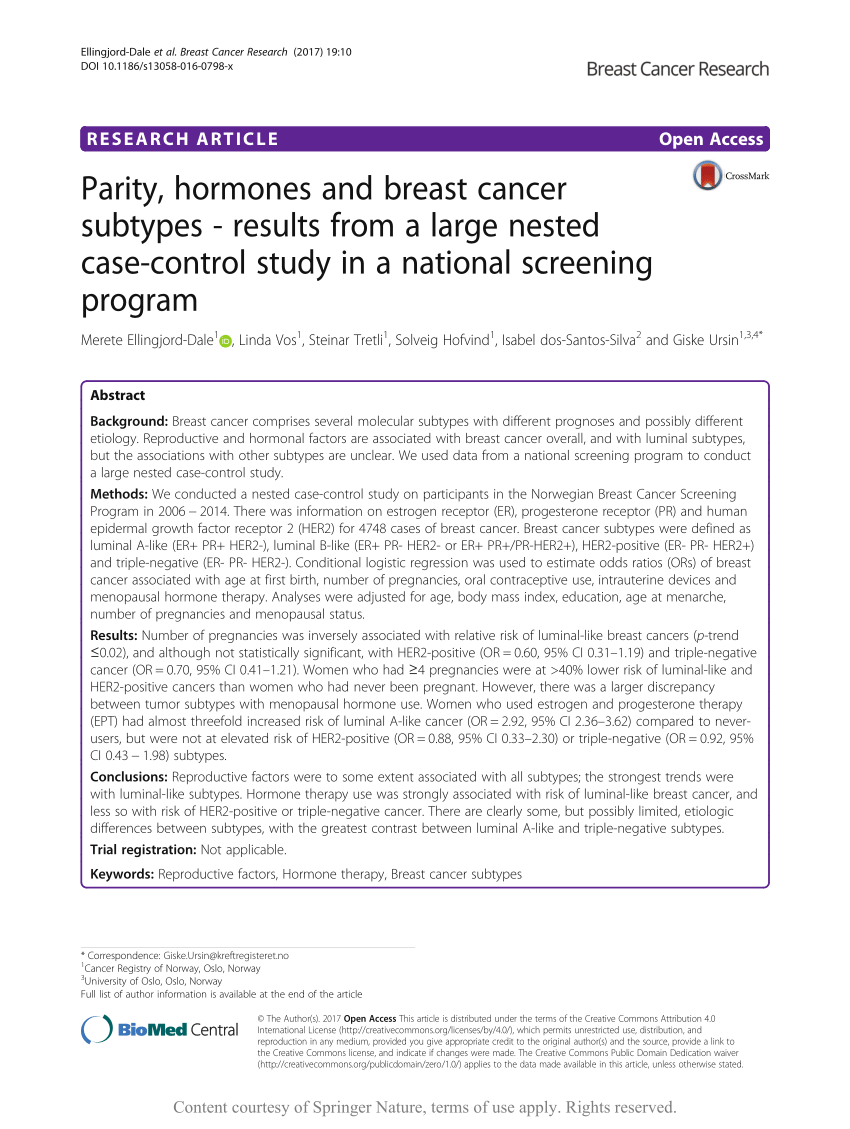 (PDF) Parity, hormones and breast cancer subtypes - results from a 