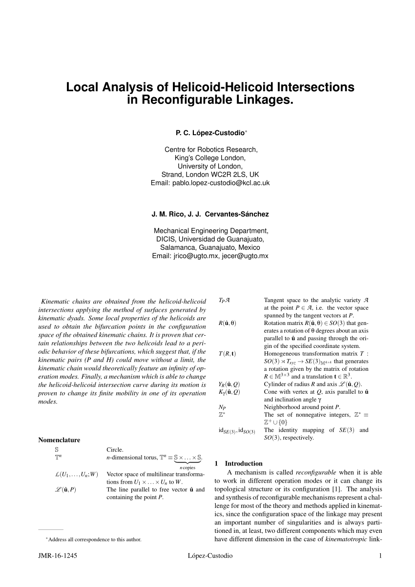 Pdf Local Analysis Of Helicoid Helicoid Intersections In Reconfigurable Linkages